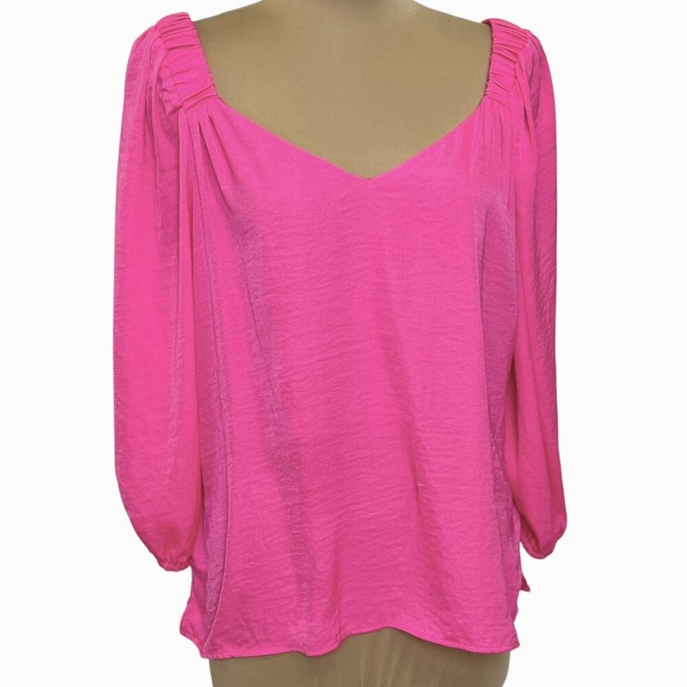 Vince Camuto Womens XL Top Pink Pullover Blouse Tunic V Neck Balloon Sleeve